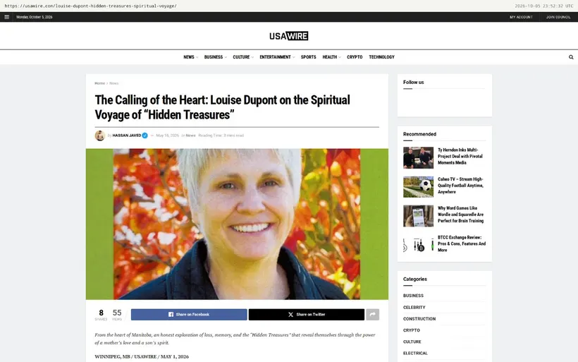 Screenshot of the USA Wire feature on author Louise Dupont and her book Hidden Treasures, showing the headline and a portrait of the author