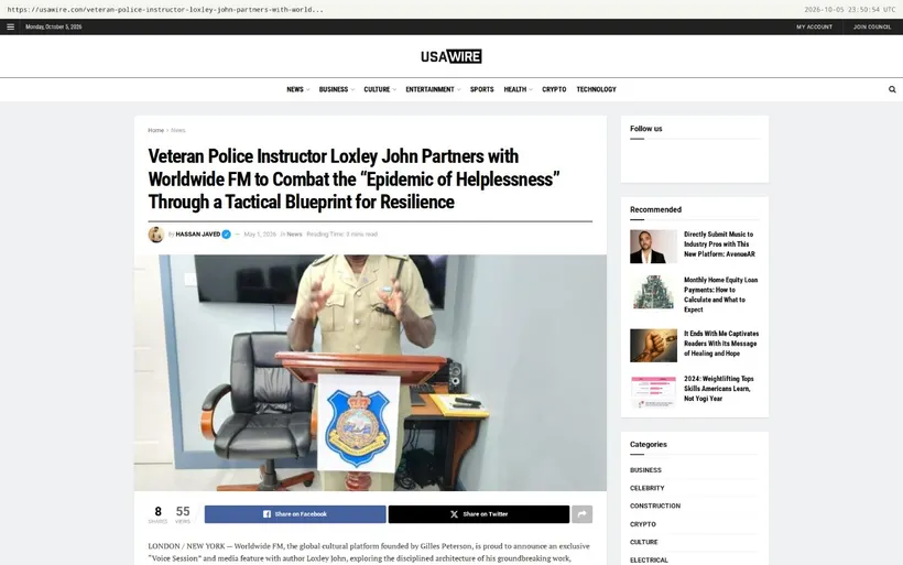 Screenshot of the USA Wire feature on author Loxley John, showing the article headline and a photo of the author at a lectern