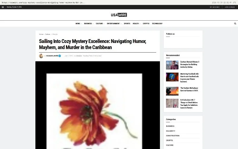 Screenshot of the USA Wire feature on cozy mystery author R. M. Howe, showing the headline, the author’s logo and a photo of the author holding a copy of the book